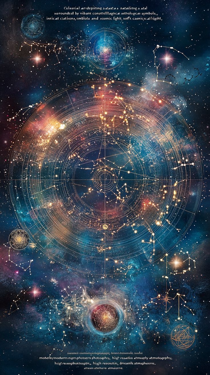 Celestial natal chart with astrological symbols and constellations